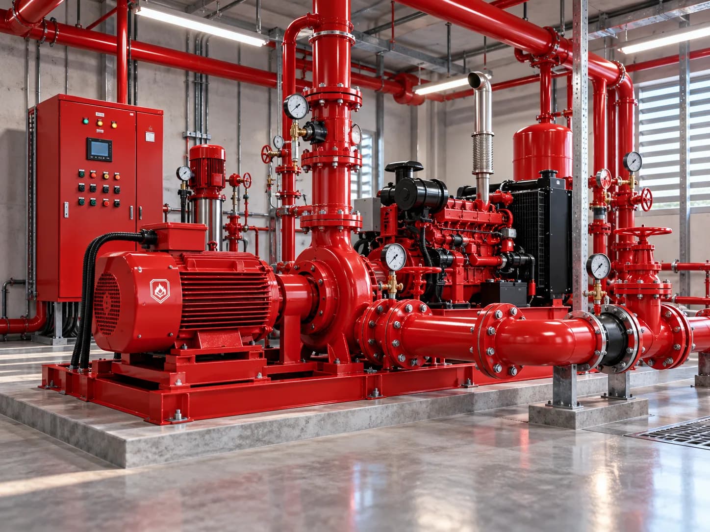 Cụm máy bơm chữa cháy gồm bơm điện, bơm diesel và jockey pump