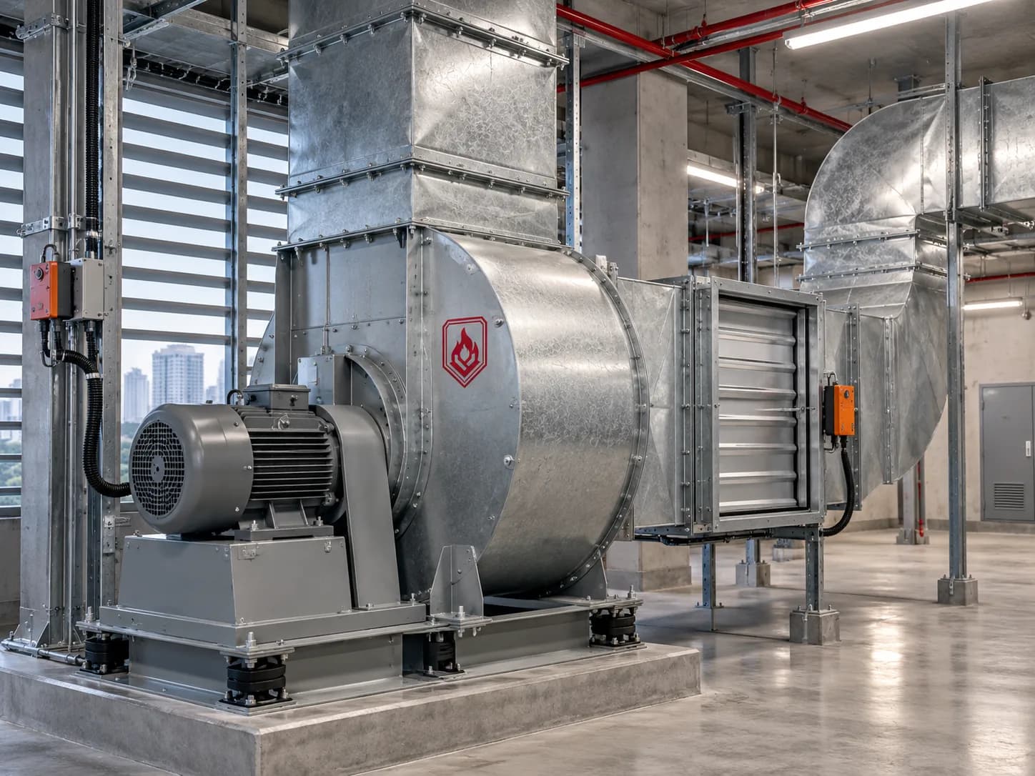Quạt, đường ống gió và damper của hệ thống kiểm soát khói và tăng áp