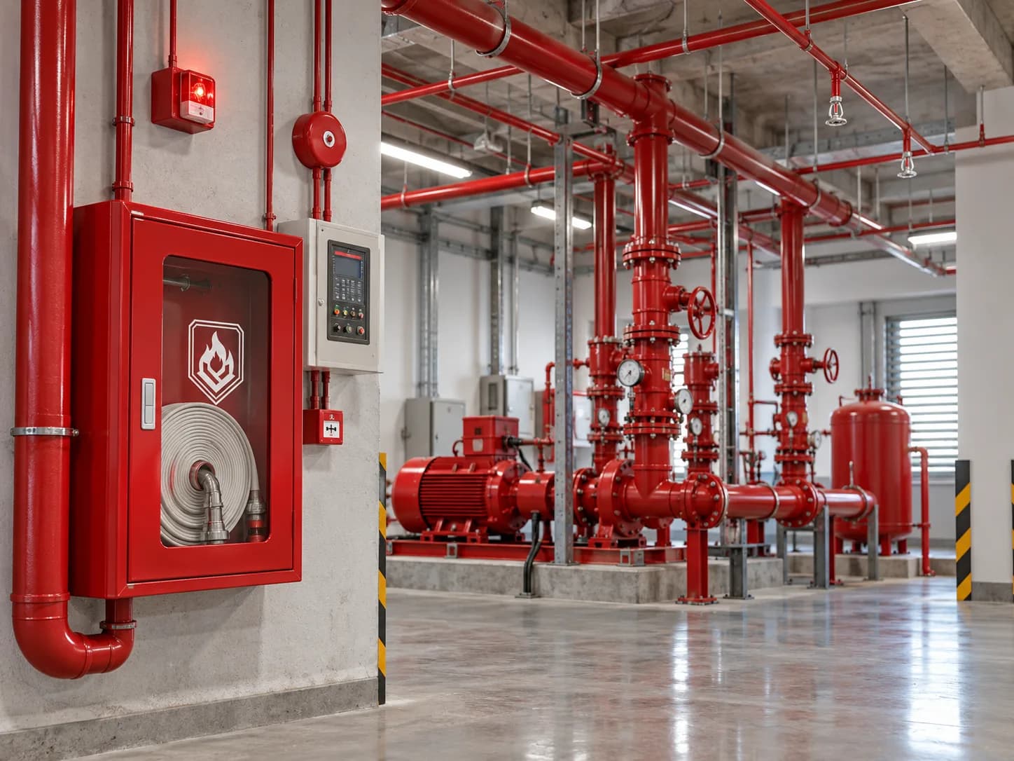 Thiết bị PCCC gồm tủ trung tâm báo cháy, bình chữa cháy, chuông báo và van chữa cháy