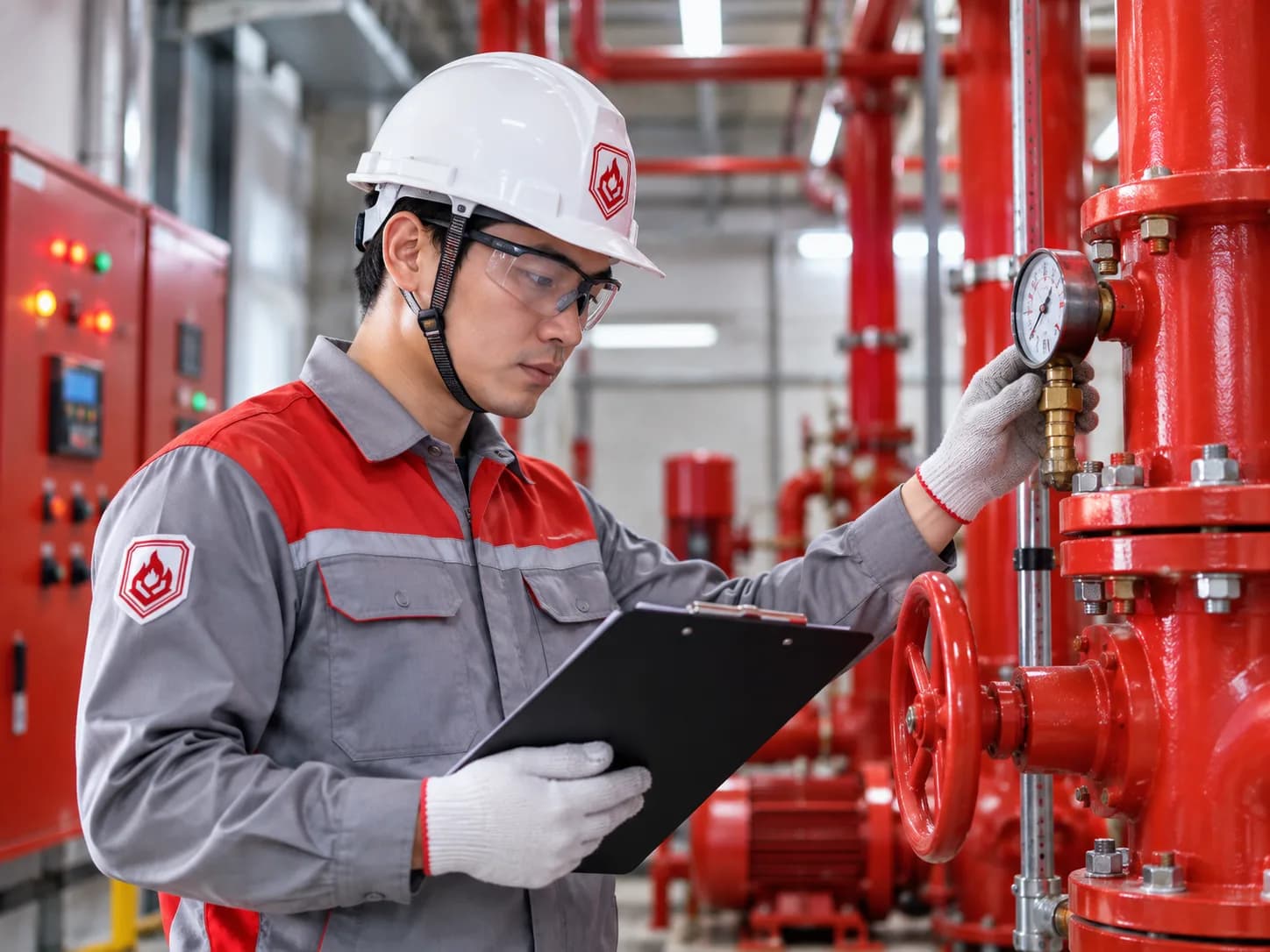 Kỹ sư VCAT kiểm tra van và đồng hồ áp lực trên hệ thống chữa cháy