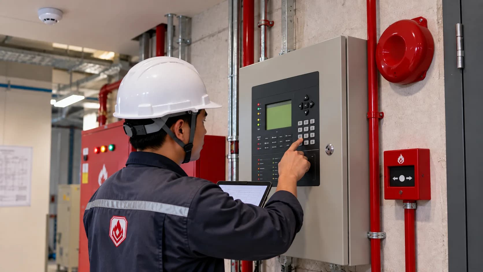 Kỹ thuật viên kiểm tra bảo trì tủ trung tâm báo cháy