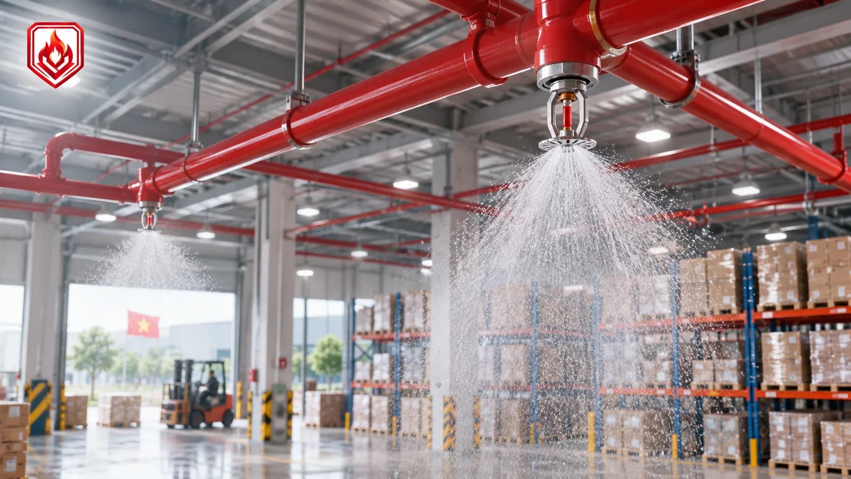Hệ thống sprinkler tự động hoạt động dưới trần công trình với đường ống đỏ